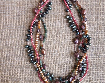 Braided Necklace in Earth Tones - Multiple Strand Natural Stones Jasper and Garnet - Freshwater Pearls and Swarovski Crystals -  Earthy