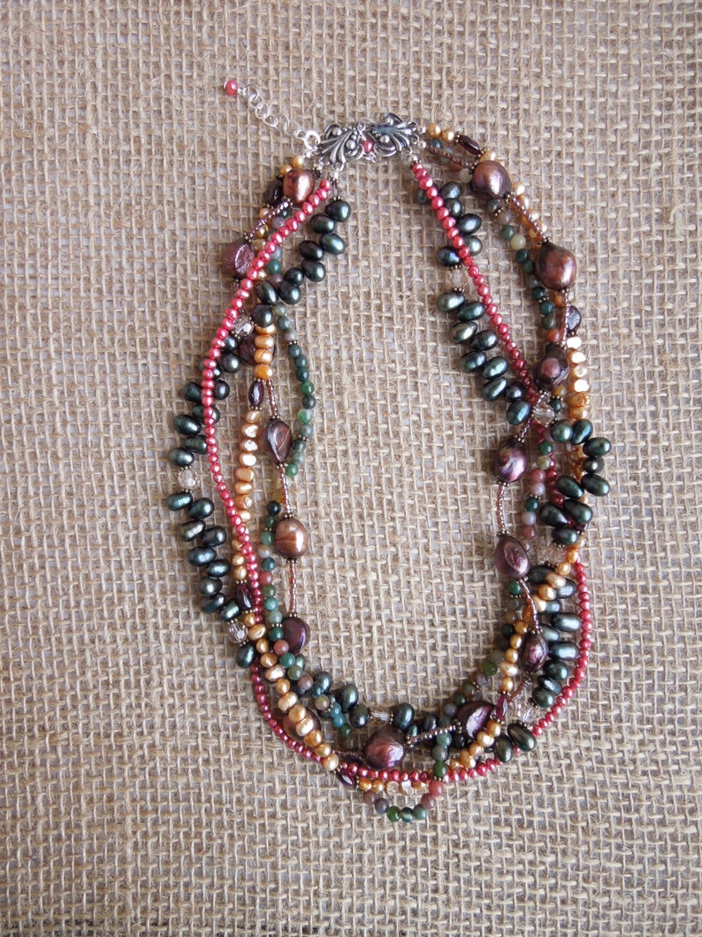 Braided Necklace in Earth Tones Multiple Strand Natural Stones Jasper and Garnet Freshwater Pearls and Swarovski Crystals Earthy image 1