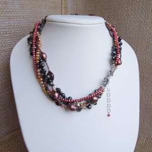 Braided Necklace in Earth Tones Multiple Strand Natural Stones Jasper and Garnet Freshwater Pearls and Swarovski Crystals Earthy image 4