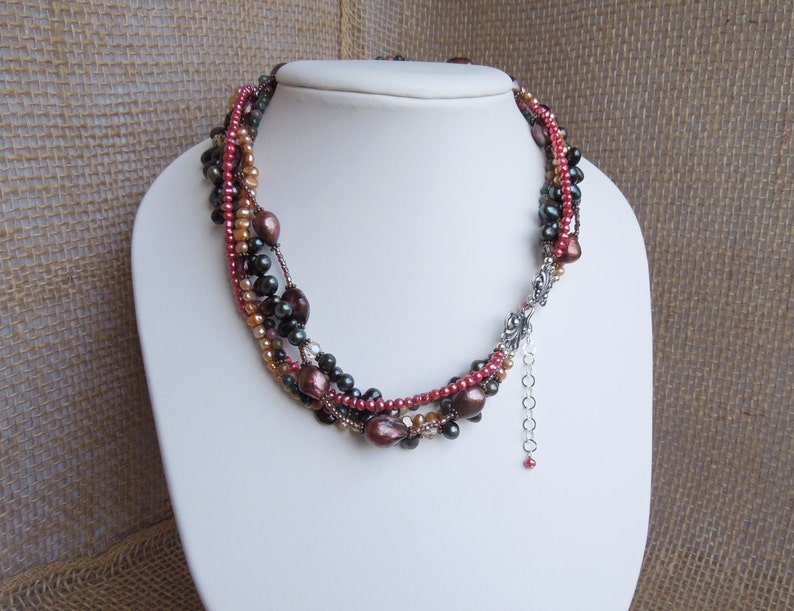 Braided Necklace in Earth Tones Multiple Strand Natural Stones Jasper and Garnet Freshwater Pearls and Swarovski Crystals Earthy image 4