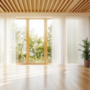 May include: Bright, airy interior with hardwood floors and a wooden slatted ceiling. Large windows with sheer white curtains offer a view of lush greenery. Potted plants add a touch of nature to the minimalist space.