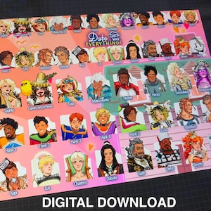 May include: Digital download featuring a pink background with numerous character portraits. The portraits are of various people with different hairstyles and clothing. Text includes "Date Everything!" and character names.