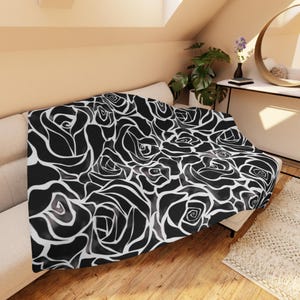 Sherpa Blanket, Black Rose Soft Throw Blanket for Home Decor - Cozy Bedding, Winter Blanket, Floral Bedroom Accent, Living Room Couch Throw,
