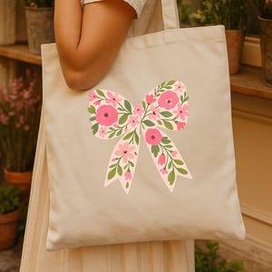 Floral Bow Tote Bag: Pastel Pink Cotton Canvas, Whimsical Spring Design