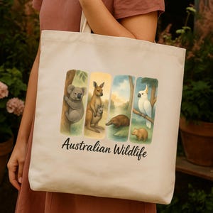 Australian Wildlife Tote Bag: Koala, Kangaroo, Platypus & Cockatoo