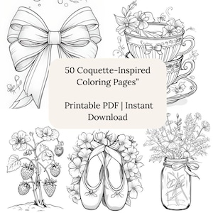 Dibujos para colorear de Coquette / 50 diseños de lazos, flores y corazones (descarga digital)