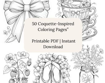 Coquette Coloring Pages | 50 Bows, Florals, Hearts Designs (Digital Download)