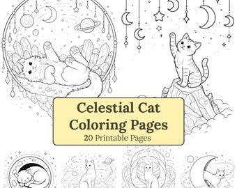 Dibujos para colorear de gatos celestiales / 20 diseños imprimibles de espacio y fantasía / Libro PDF tamaño A4