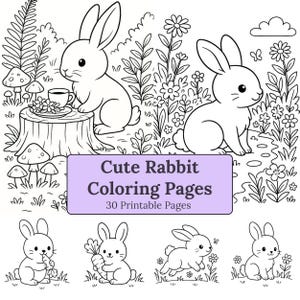 Könnte beinhalten: Schwarz-Weiß-Zeichnung von Kaninchen in einer Gartenszene. Das Bild enthält den Text "Cute Rabbit Coloring Pages" und "30 Printable Pages". Mehrere Kaninchen sind abgebildet, einige mit Blumen und Pilzen.
