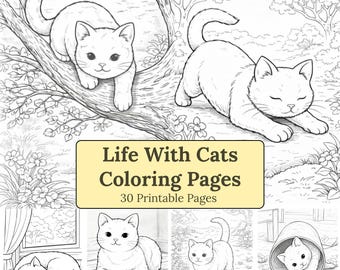 Libro para colorear de gatos acogedores / 30 páginas sombreadas imprimibles (PDF A4)
