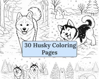 30 páginas para colorear de huskies / Dibujos animados y realistas / Escenas sencillas y de fondo / Imprimibles