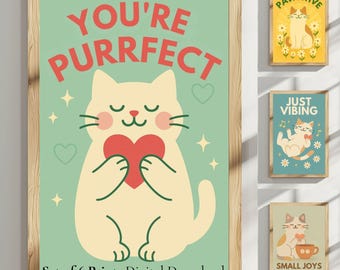 Juego de 6 láminas motivacionales de gatos, arte mural de estilo retro (descarga digital)