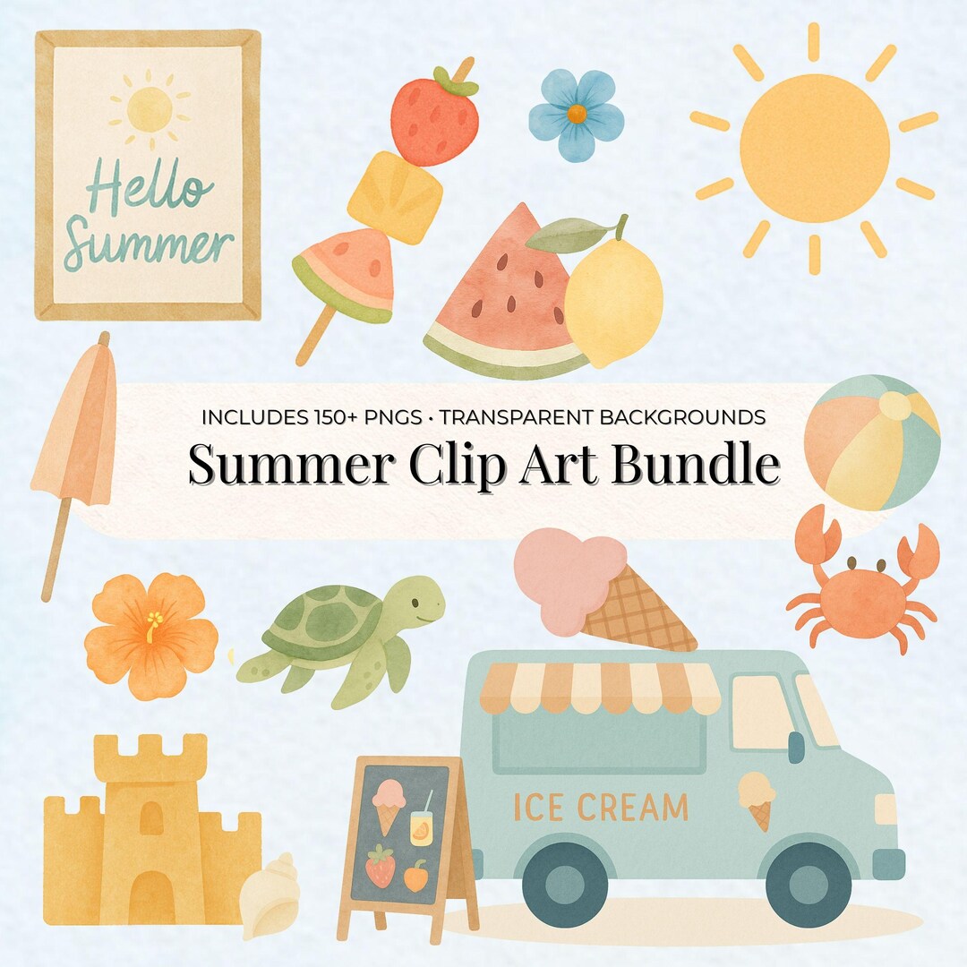 Summer Watercolor Clipart Bundle: 150+ Pngs Fruits, Beach, Flowers, Ice ...
