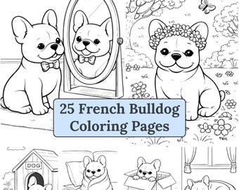 Dibujos para colorear de bulldog francés / Adorables escenas de perros para niños y adultos (descarga digital)