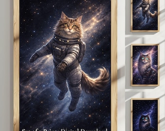 Juego de 3 impresiones de gato espacial Maine Coon / Láminas de gato astronauta galáctico / (Descarga digital)