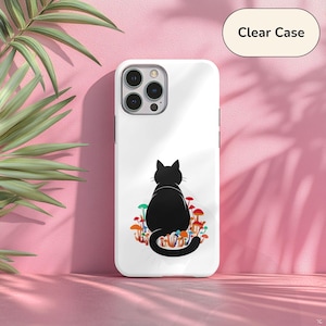 Black Cat Phone Case for iPhone & Samsung, Cottagecore Silhouette Cat, Vibrant Mushroom Design, Impact-Absorbing Clear Case