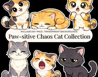 Paquete de imágenes prediseñadas de gatos del caos: más de 60 PNG con estilo de pegatinas para pegatinas, agendas, manualidades y bricolaje.