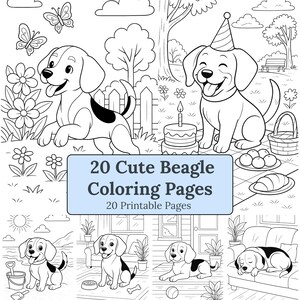 May include: Black and white line art of beagle dogs in various scenes, including a birthday party and relaxing indoors. The image includes the text "20 Cute Beagle Coloring Pages" and "20 Printable Pages". Butterflies, flowers, and a picnic basket are also shown.