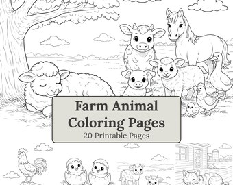 Dibujos para colorear de animales de granja para niños / 20 hojas imprimibles / Diseños sencillos y detallados