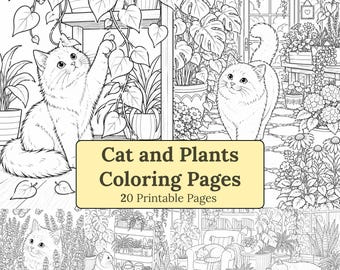 Disegni da colorare di gatti e piante / 20 piante da interno per il giardino / PDF stampabile