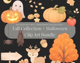 Paquete de imágenes prediseñadas de otoño: calabazas, hojas, animales, Halloween, Día de Acción de Gracias (descarga digital)