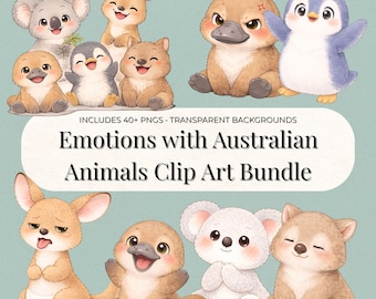 Paquete de imágenes prediseñadas de emociones de animales australianos / Imágenes prediseñadas de sentimientos SEL / Uso en aulas y terapia / PNG