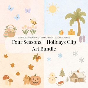 Könnte beinhalten: Ein digitales Kunstpaket mit Aquarellillustrationen für vier Jahreszeiten und Feiertage. Enthält Schmetterlinge, eine Biene, Blumen, einen Osterkorb, eine Sonne, eine Palme, einen Strandball, eine Sandburg, Herbstblätter, Eicheln, einen Kürbis, einen Schneemann und ein Haus.