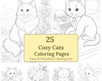 Cosy Cat Coloring Pages | Library, Garden & Kitchen Scenes | Easy + Detailed Printable Cats (A4 PDF)