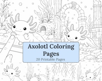 Pacchetto di pagine da colorare di axolotl stampabili / 20 fogli da colorare / Scene di acquario e stagno