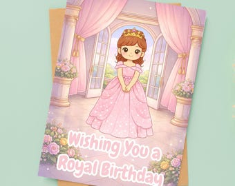 Tarjeta de cumpleaños imprimible de princesa pastel de dibujos animados / Colección de princesas de cuento de hadas / Descarga instantánea