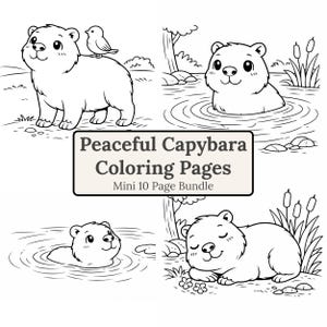 May include: Black and white line art of capybaras in various poses, including standing, swimming, and resting. A small bird perches on one capybara. The text "Peaceful Capybara Coloring Pages" is displayed.