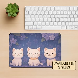 Kawaii Cat Mouse Pad: Pastel Purple Floral Rainy Desk Mat