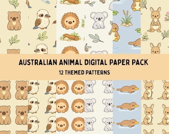 Paquete de papeles digitales de animales australianos, papel para álbumes de recortes, patrón de koala, canguro y ornitorrinco, patrones sin costuras PNG JPEG