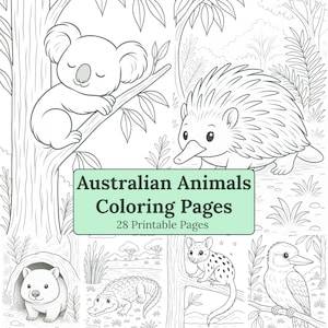 Peut inclure: Dessin en noir et blanc d'animaux australiens, dont un koala et un échidné. Le texte "Australian Animals Coloring Pages" et "28 Printable Pages" est affiché. Il s'agit d'une collection de pages à colorier.