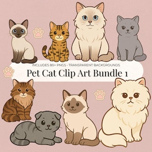 Cat Clip Art Bundle Vol. 1 – 60 Cute Cat Breeds PNGs + Accessories | Cartoon Graphics for Stickers, Sublimation & Pet Crafts