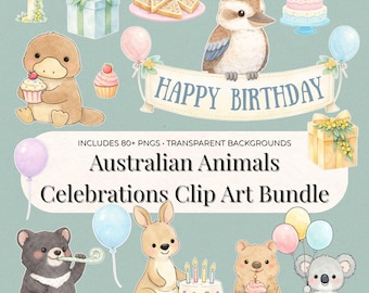 Paquete de imágenes prediseñadas de animales australianos para cumpleaños / Koala, canguro, wombat, dingo PNG