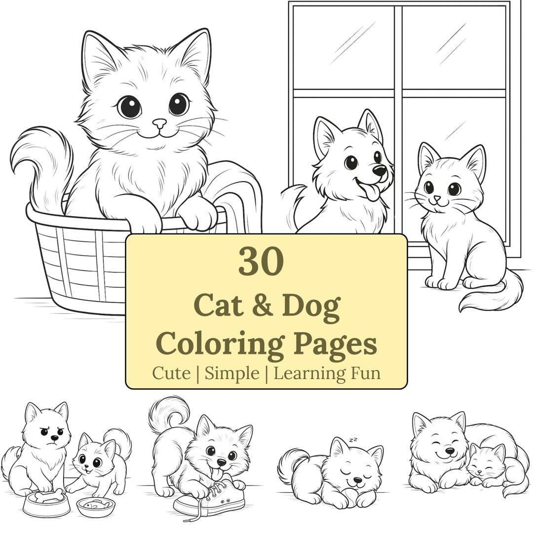 30 Cat and Dog Coloring Pages — Nobackground (digital Download)