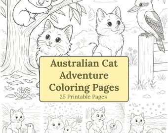 Cats Down Under Australian Animals Adventures Coloring Book, 25 Printable Scenes (Digital Download)