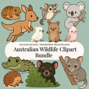 Puede incluir: Ilustraciones de dibujos animados de animales australianos, incluyendo un canguro, un koala y un cocodrilo. El texto "Australian Wildlife Clipart Bundle" se muestra debajo.