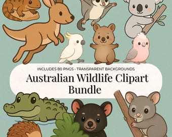 Australian Animals Clipart – 80 PNG Australian Wildlife | Koala, Kangaroo, Wombat, Dingo | Commercial Use