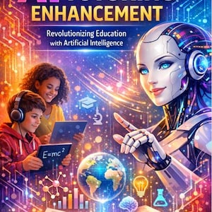 Könnte beinhalten: Eine lebendige digitale Illustration, die KI-Nachhilfe bewirbt. Das Bild zeigt den Text "AI TUTORING ENHANCEMENT" über dem Slogan "Revolutionierung der Bildung mit künstlicher Intelligenz". Es zeigt einen futuristischen Roboter, Kinder mit Tablets und ein offenes Buch.