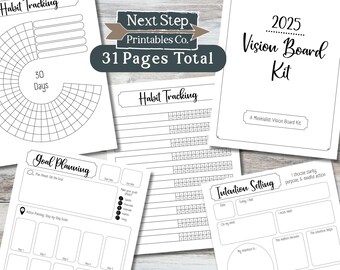 May include: A printable vision board kit with 31 pages, including a habit tracker, goal planning, and intention setting worksheets. The kit is designed for 2025 and features a minimalist aesthetic.