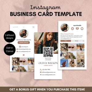 Modelo de Cartão de Visita do Instagram no Canva para Criadores de Conteúdo e Influenciadores | Cartão de Rede Digital DIY, Cartão de Visita Vertical com Código QR