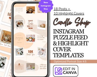 May include: A smartphone displays a Candle Shop Instagram puzzle feed and highlight cover templates. The design includes 18 posts and 10 highlight covers, with a summer sale promotion. The templates are optimized for a 4:5 portrait size and can be edited in Canva.