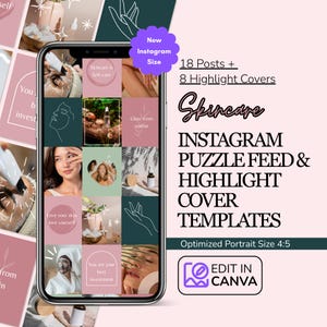 Skincare Instagram Puzzle Feed Template: Editable Canva Posts & Highlight Story Covers (Digital Download)
