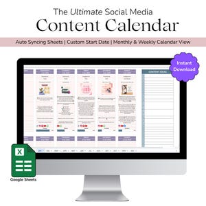 Social Media Content Calendar, Monthly Content Planner, Spreadsheets, Instagram, Youtube, Tiktok, Facebook Planner for Social Media Managers