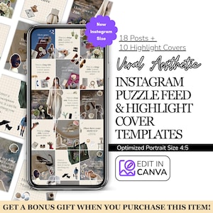 May include: A smartphone displays an Instagram puzzle feed and highlight cover templates. The design features a grid of aesthetic images with text overlays. The image includes the text "Viral Aesthetic" and "Edit in Canva."