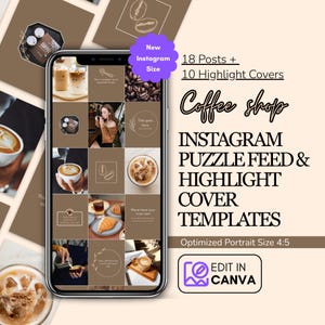 Instagram Puzzle Feed Canva Templates for Coffee Shop, Editable Instagram Social Media Posts & Highlight Cover Story Templates, New 4:5 Size