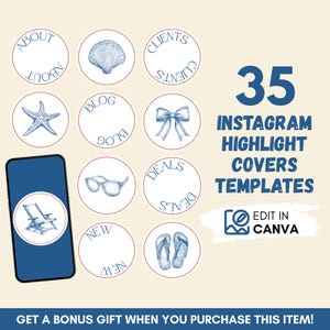 Beach Vibes Instagram Highlight Covers: 35 Coastal Icons (Canva Template)