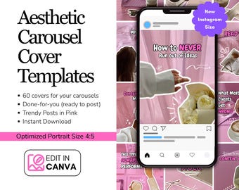 Pode incluir: Modelos de capa de carrossel estéticos em rosa, com o texto "How to NEVER Run out of Ideas" na tela de um telefone. Inclui 60 capas, designs prontos para postar e download instantâneo. Tamanho de retrato otimizado 4:5. Editar no Canva.